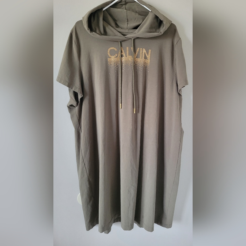 Calvin Klein Khaki/Olive Green Hooded Dress with Gold Logo Stretch Cotton 2X - Picture 3 of 15